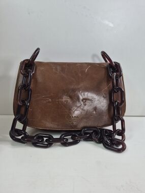 Prada Brown Leather Shoulder Bag with Chunky Chain